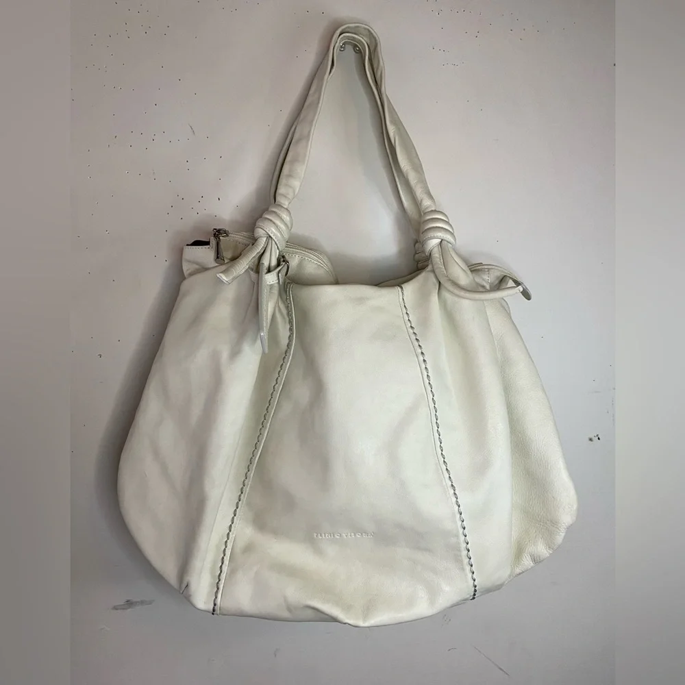 Plinio Visona Italy Cream Leather Knotted Hobo Tote Bag Zip Top OS